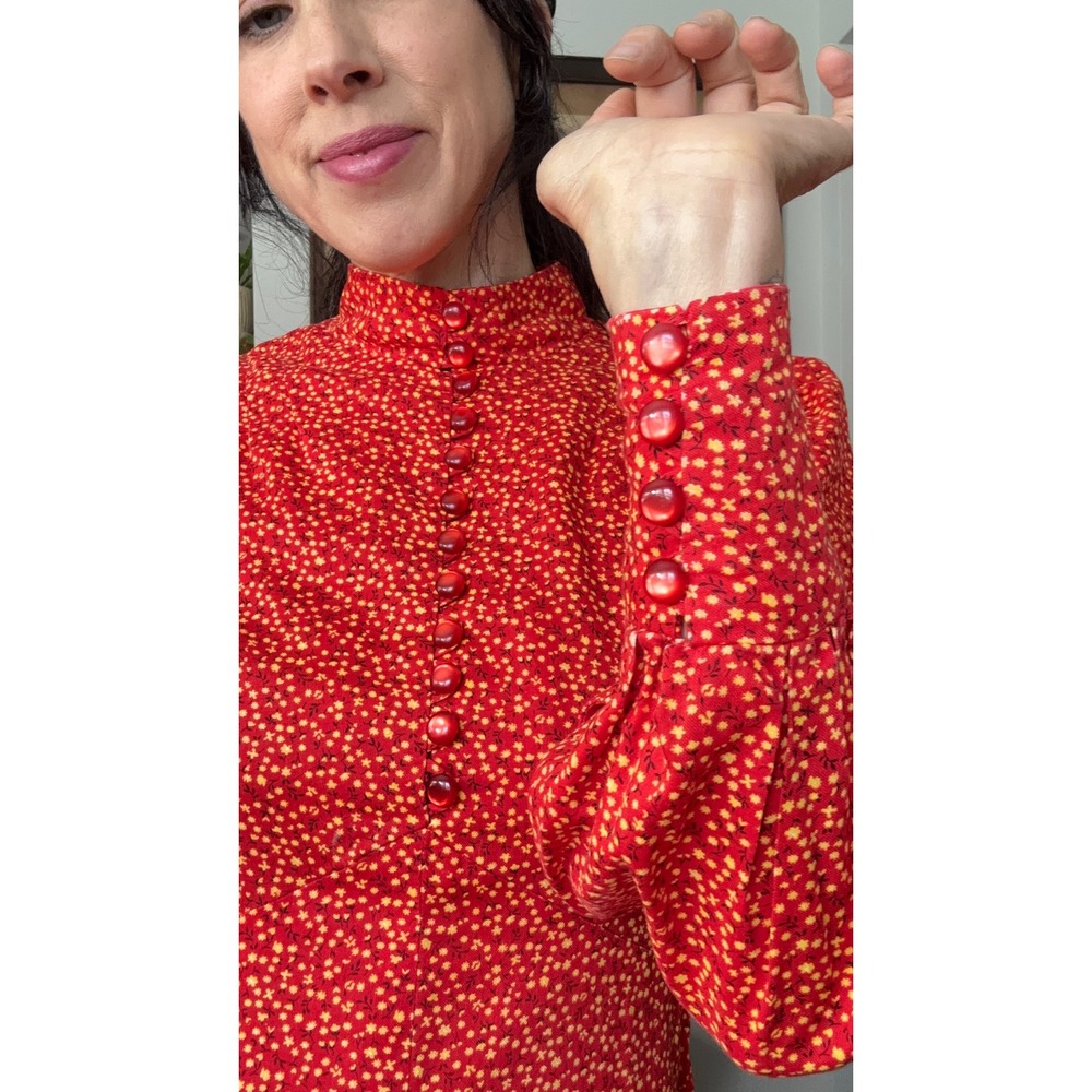 Vintage 70s Prairie Calico floral Print bishop Sleeve Dress Red Yellow - Picture 7 of 10